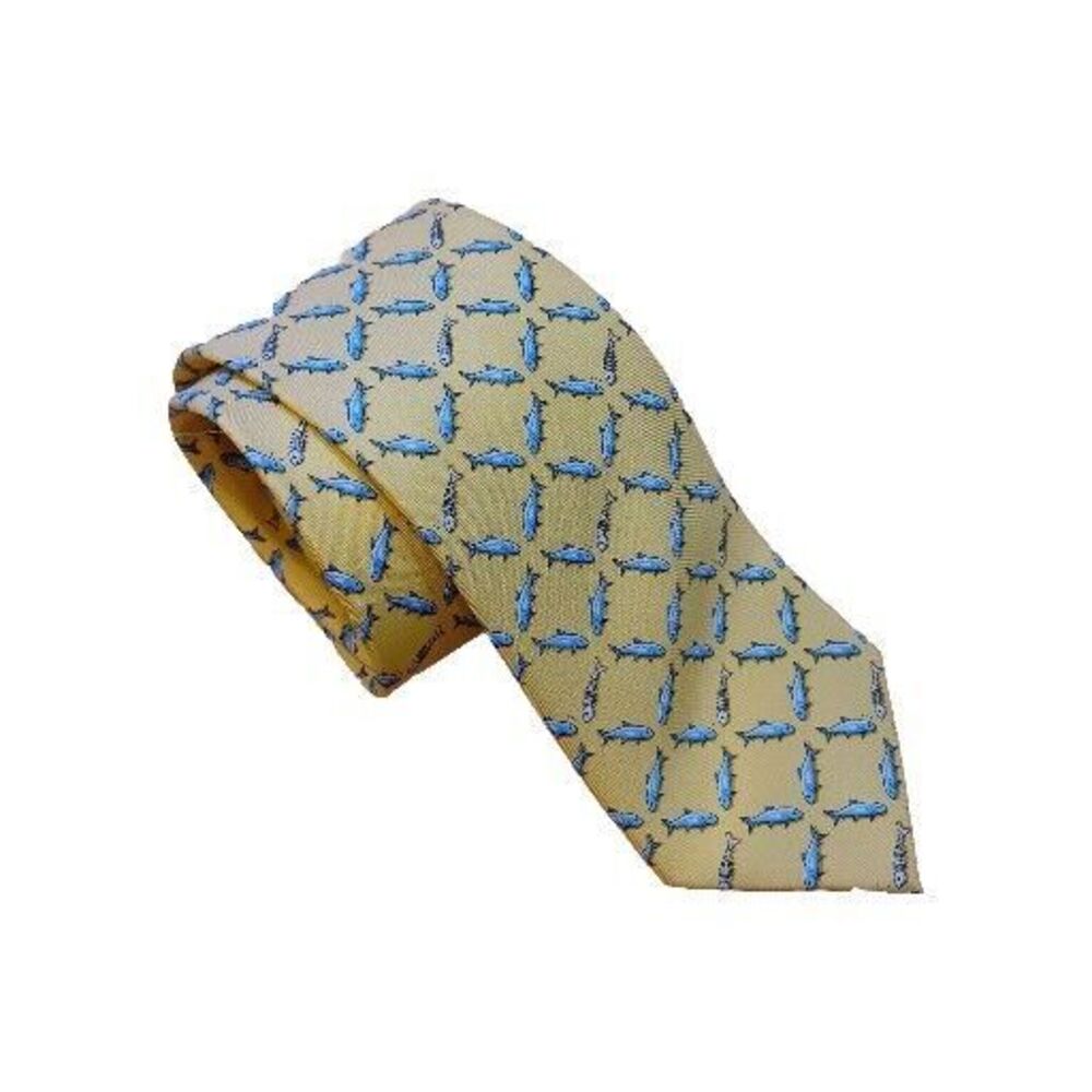 BIRD DOG BAY Yellow All Over Shark Print Silk Neck Tie Hand Made USA 61"x 3.75"